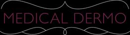 Text "Medical Dermo" in lila auf schwarzem Hintergrund mit dekorativen Linien oben und unten.