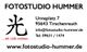 Schwarz-weiße Visitenkarte von Fotostudio Hummer mit Kontaktinformationen und chinesischem Zeichen.