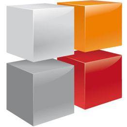 Vier bunte, schwebende Würfel: weiß, orange, grau und rot.