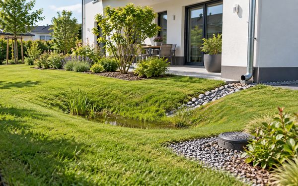 Alt-Text: Mulden-Rigolen-System in einem modernen Garten mit begrünter Versickerungsmulde, Kiesstreifen und Regenwasserableitung vom Wohnhaus.