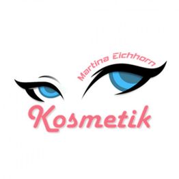 Logodesign mit blauen Augen und dem Text "Martina Eichhorn Kosmetik" in rosa Schrift.