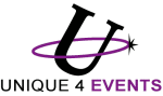 Logo mit großem schwarzem "U", violettem Kreis und Text: "UNIQUE 4 EVENTS".