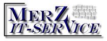 Logo mit Text: "Merz IT-Service", blau und grau. Hintergrund weiße angedeutete Tastatur.