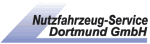 Logo mit Text "Nutzfahrzeug-Service Dortmund GmbH" auf blau-weißem Hintergrund.