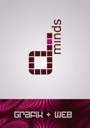 "Logo mit Text: 'd minds' und 'GRAFIK + WEB' auf lila Hintergrund mit Muster."