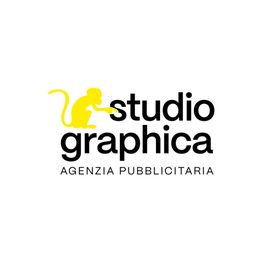 Logo di Studio Graphica con scimmia gialla e testo "Agenzia Pubblicitaria" su sfondo bianco.