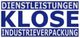 Text in Blau: "DIENSTLEISTUNGEN KLOSE INDUSTRIEVERPACKUNG" auf weißem Hintergrund.