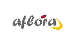Texto del logo: "aflōra" con un acento rojo y un diseño amarillo curvado al final.