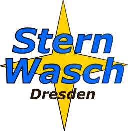 Logo mit blauem Schriftzug „Stern Wasch“ auf gelbem Stern, Text darunter: „Dresden“.