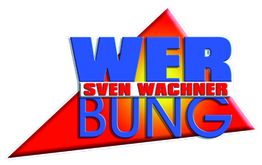 Dreieckiges Logo mit blau-rotem Text: "WERBUNG SVEN WACHNER" auf rotem Hintergrund.