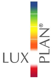 Logo mit Farbverlauf von Blau zu Rot und den Worten "Lux" und "Plan" in Grau.