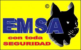Logo de EMSA con una cabeza de lobo en negro y texto: "con toda SEGURIDAD". Fondo amarillo.