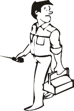 Schwarz-weiße Zeichnung eines Mannes mit Werkzeugkiste und Fernbedienung, der nach rechts schaut.