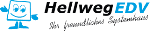 Freundliches Computer-Logo mit "HellwegEDV" Schriftzug und Slogan: "Ihr freundliches Systemhaus".