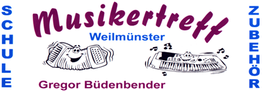 Illustration mit Akkordeon, Keyboard und Noten. Text: Musikertreff Weilmunster, Gregor Büdenbender.