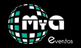 Texto: "Mya eventos" en un globo cuadriculado sobre fondo negro.
