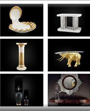 Zwölf Bilder mit goldenen und schwarzen dekorativen Objekten auf schwarzem Hintergrund.