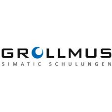 Logo von Grollmus mit dem Text "Grollmus Simatic Schulungen" und einem blauen Halbkreis.