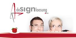 Zwei Personen schauen neugierig über eine rote Linie, daneben das Logo "Adesignloesung".
