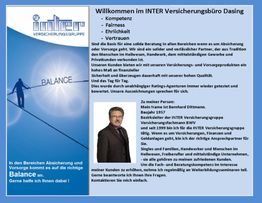 Inter Versicherungsbüro Dasing Infoboard mit Balance-Motiv und Geschäftsführer-Beschreibung.