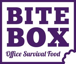 "BITE BOX"-Logo, lila Schrift auf weißem Grund, mit Slogan: "Office Survival Food".