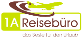 Logo von 1A Reisebüro mit grünem Flugzeug und Motto "das Beste für den Urlaub".