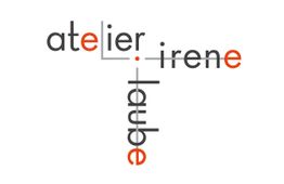 Wortspiel-Design, das „atelier“, „irene“ und „laube“ in Kreuzform mit schwarzen und orangefarbenen Buchstaben zeigt.