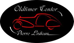 Schwarzes Logo mit roter Oldtimer-Silhouette und Text: "Oldtimer Contor Pierre Listican".