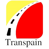 Logotipo de Transpain: camino negro curvo, fondo rojo y amarillo. Texto "Transpain" en azul.