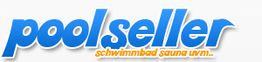 Blaues "poolseller"-Logo mit Text "schwimmbad sauna uvm." in orangefarbener Schrift.