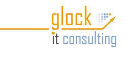 Logo mit Text „Glock IT Consulting“ in Gelb und Blau, mit steigender Pfeilgrafik.