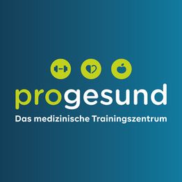 Logo von progesund, Das medizinische Trainingszentrum mit Icons für Fitness, Herz und Apfel.