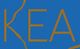 Scritta "KEA" in arancione su sfondo blu con decorazioni lineari simili a vene.