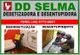 Profissional dedetizando sala, outro desentupindo encanamento, texto: DD Selma, contato disponível.