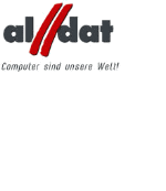 Logo mit Text: "alldat" und Slogan "Computer sind unsere Welt!" in Schwarz und Rot.