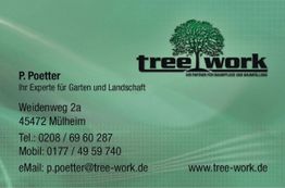 Visitenkarte von "tree work" mit Baum-Logo und Kontaktdaten für Garten- und Landschaftsexperte.