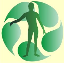 Grüne Silhouette einer Person vor einem kreisförmigen, sich drehenden grünen Blattform-Muster.