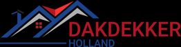 Logo met blauwe en rode daken en de tekst "Dakdekker Holland" op een zwarte achtergrond.