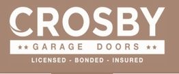 "Crosby Garage Doors logo, text: Licensed, Bonded, Insured, with stars on a brown background."