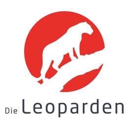 Silhouette eines Leoparden auf einem Ast in einem roten Kreis, darunter der Text "Die Leoparden".