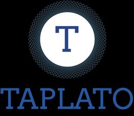Logo con una letra "T" en el centro y la palabra "TAPLATO" debajo en negro y azul.