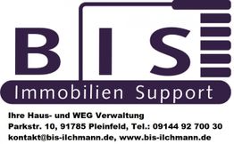 BIS Logo für Immobilien-Support mit Kontaktinformationen und Adresse in Pleinfeld.