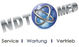 Logo mit Weltkugel, der Text "NDT MED". Unten: "Service", "Wartung", "Vertrieb".