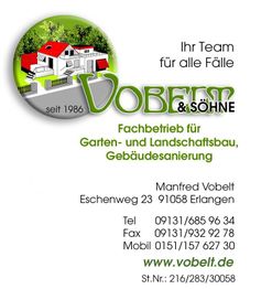 Logo von Vobelt & Söhne, Garten- und Landschaftsbau, mit Kontaktdaten und Bild eines Hauses.