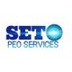 Logo with text "SETO PEO SERVICES" in blue, featuring a globe design for the "O".