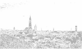 Stilisierte Skyline einer Stadt mit mehreren Kirchtürmen und Gebäuden im Hintergrund.