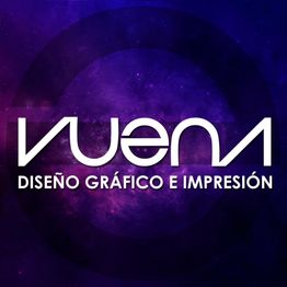 Texto "Diseño Gráfico e Impresión" en fondo cósmico púrpura.