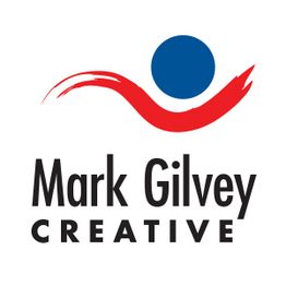 Logo with blue circle, red swoosh, and text: "Mark Gilvey Creative".