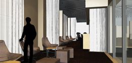 Silhouette einer Person in einer modernen Lounge mit Sitzecken und heller Beleuchtung.