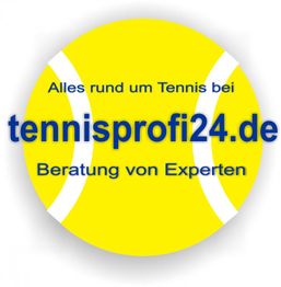 Gelbes Logo mit Text: "Alles rund um Tennis bei tennisprofi24.de, Beratung von Experten."